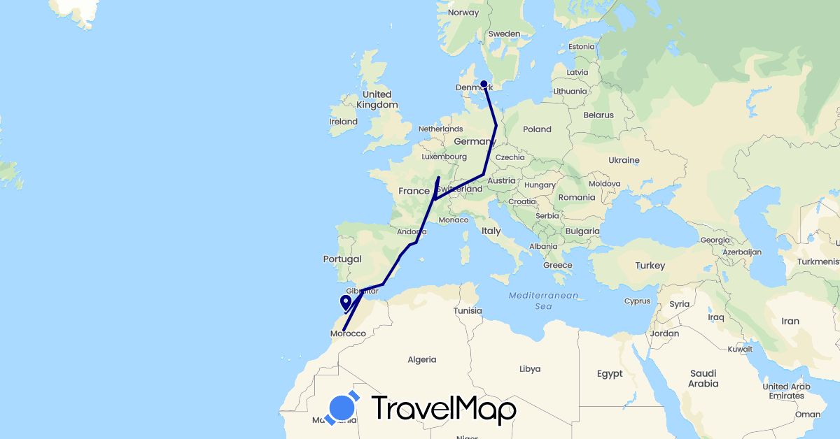 TravelMap itinerary: driving in Germany, Denmark, Spain, France, Gibraltar, Morocco (Africa, Europe)